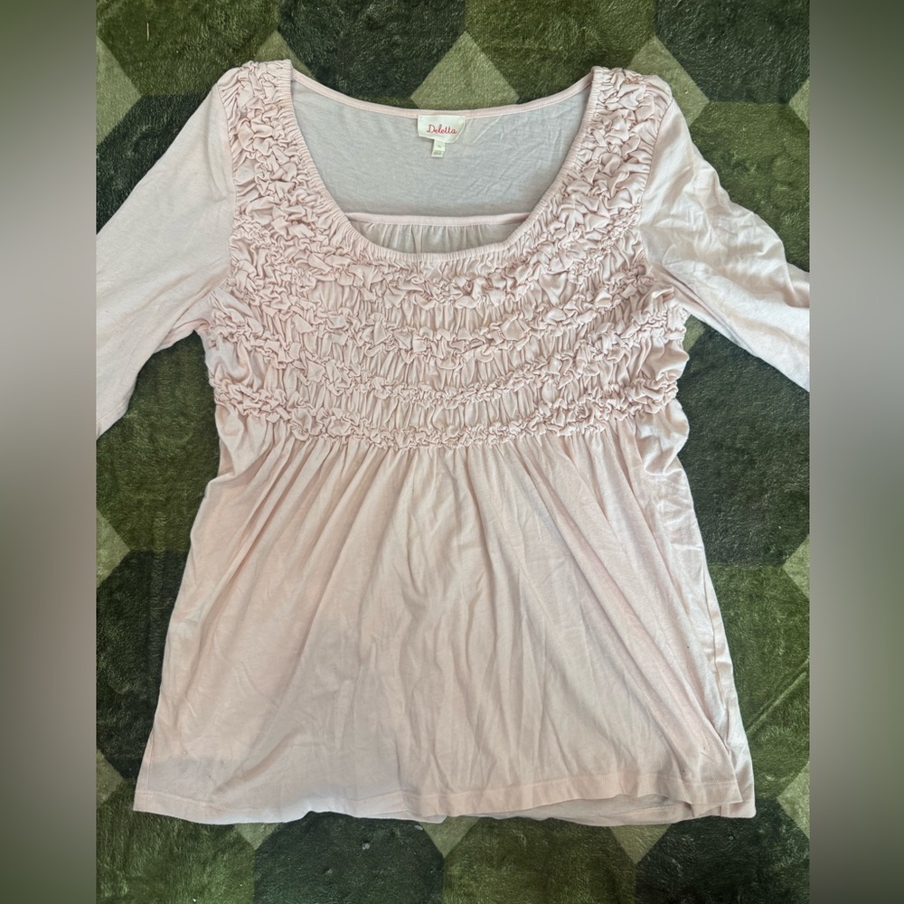 Deletta Anthropologie Pale Pink Ruffle Smocked Scoop Neck Tunic XL